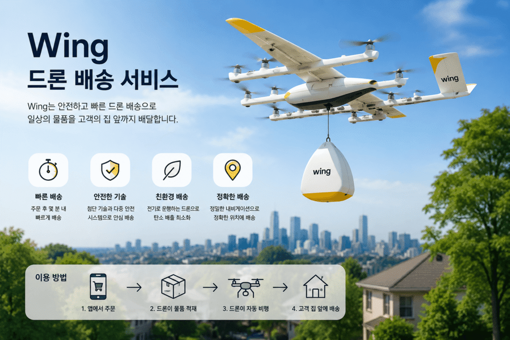구글 알파벳의 Wing 드론 배송 서비스 소개 인포그래픽 이미지. 푸른 하늘과 도시 전경을 배경으로 wing 로고가 새겨진 하얀색 드론이 배송 상자를 매달고 비행하고 있습니다. 이미지 좌측에는 빠른 배송, 안전한 기술, 친환경 배송, 정확한 배송 등 4가지 주요 특징이 아이콘과 함께 설명되어 있으며, 하단에는 '1. 앱에서 주문, 2. 드론이 물품 적재, 3. 드론이 자동 비행, 4. 고객 집 앞에 배송'으로 이어지는 드론 배송 이용 방법 프로세스가 안내되어 있습니다.