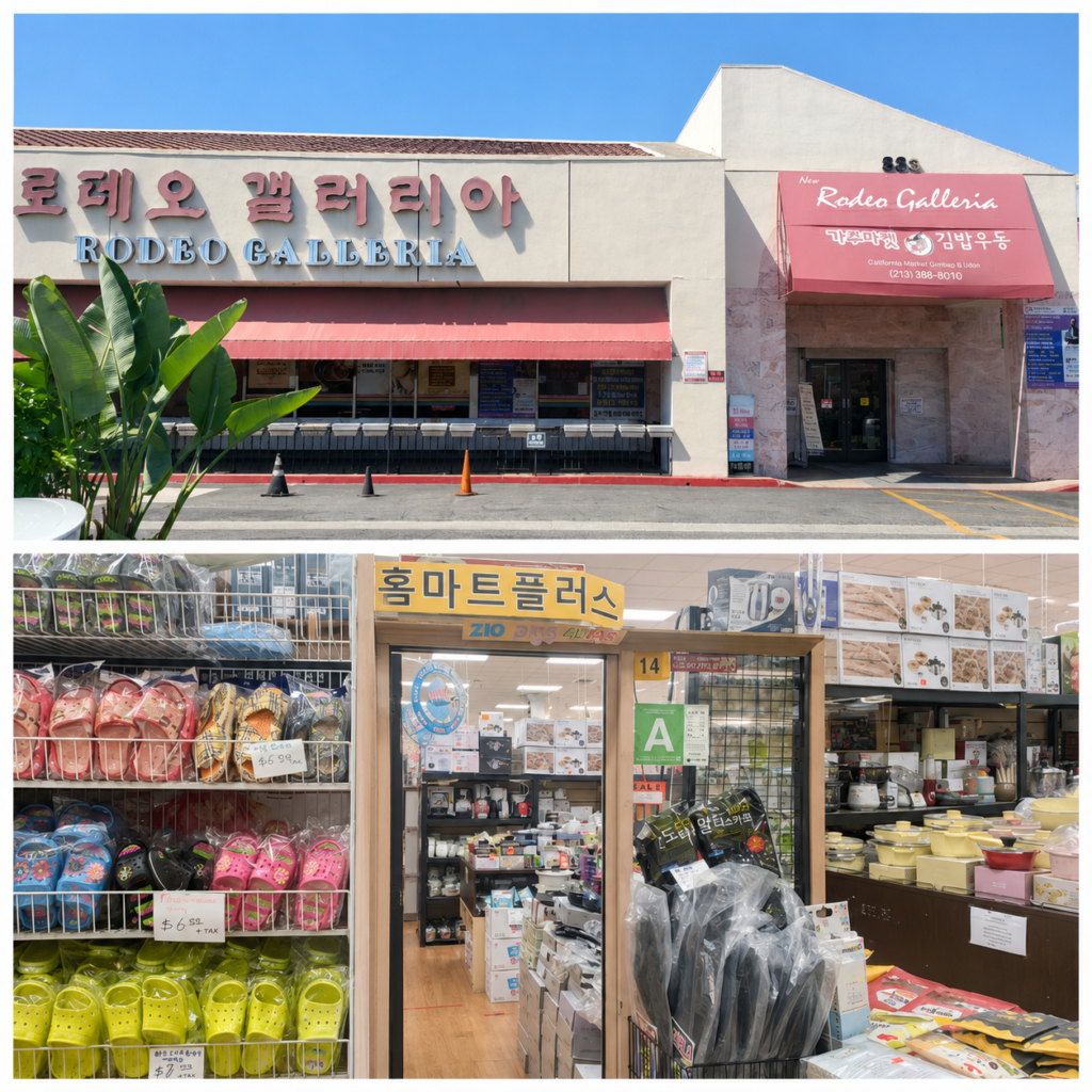 LA 한인타운 로데오 갤러리아 외관과 홈마트 플러스 매장 입구 콜라주
