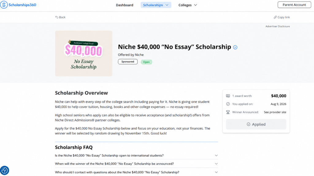 Scholarships360에서 Niche 4만 달러 No Essay Scholarship 신청 완료 후 Applied로 표시된 화면