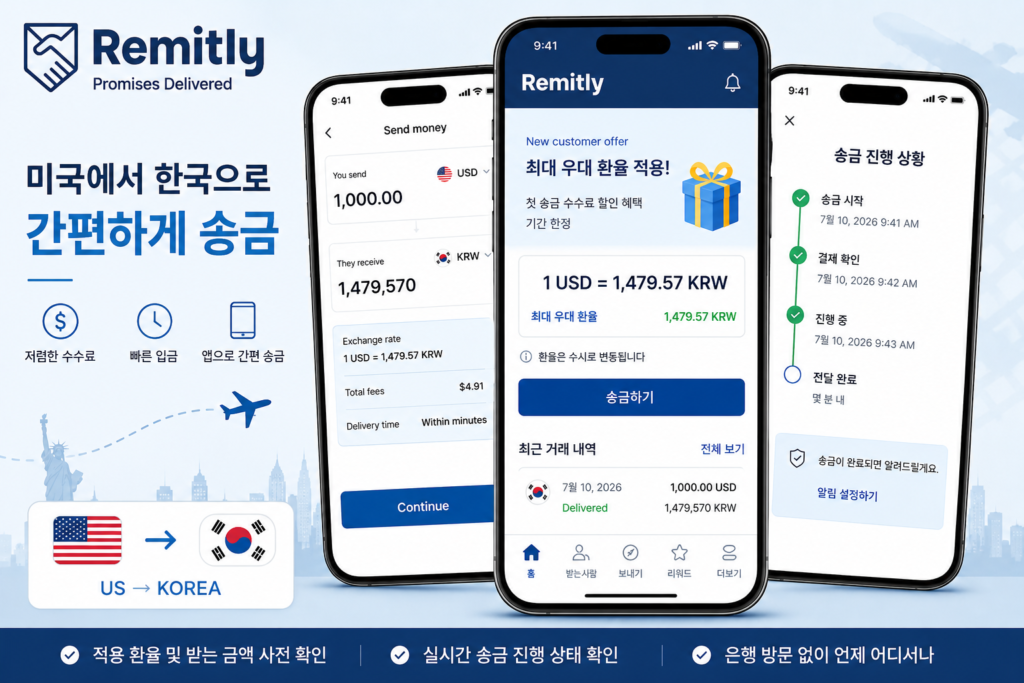 미국에서 한국으로 송금하는 Remitly 앱 이용 방법을 표현한 대표 이미지