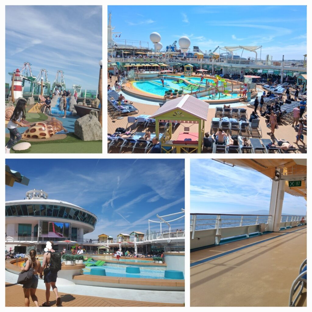 Navigator of the Seas 크루즈 시설 콜라주 - 미니 골프장의 어린이들, 수영장 데크와 휴식 공간 전경