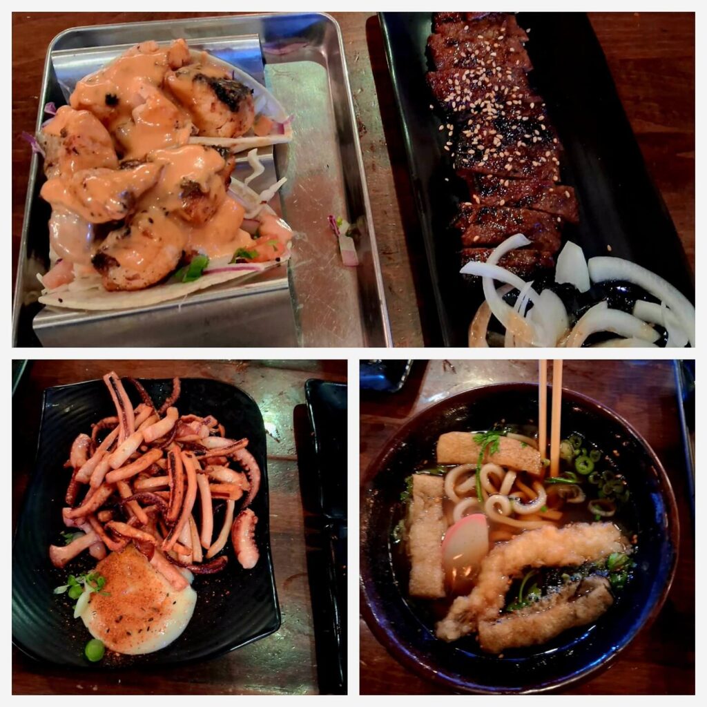 세리토스 Sake 2 Me 연어 타코 K-BBQ 우동 반건조 오징어 메뉴 콜라주 사진