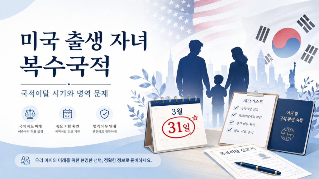 미국에서 태어난 자녀의 복수국적과 국적이탈 시기, 병역 문제를 안내하는 이미지