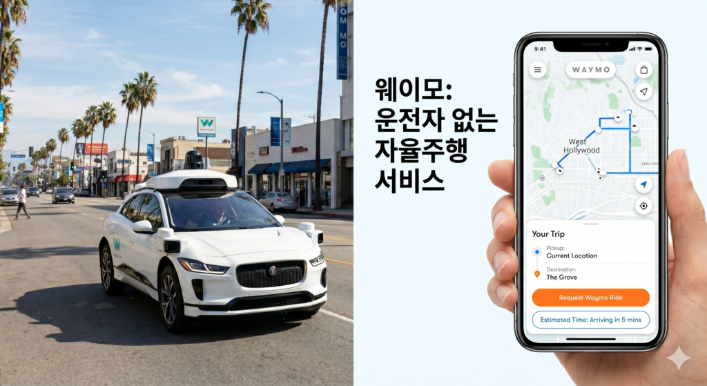 로스앤젤레스의 웨이모 무인 택시와 스마트폰 앱